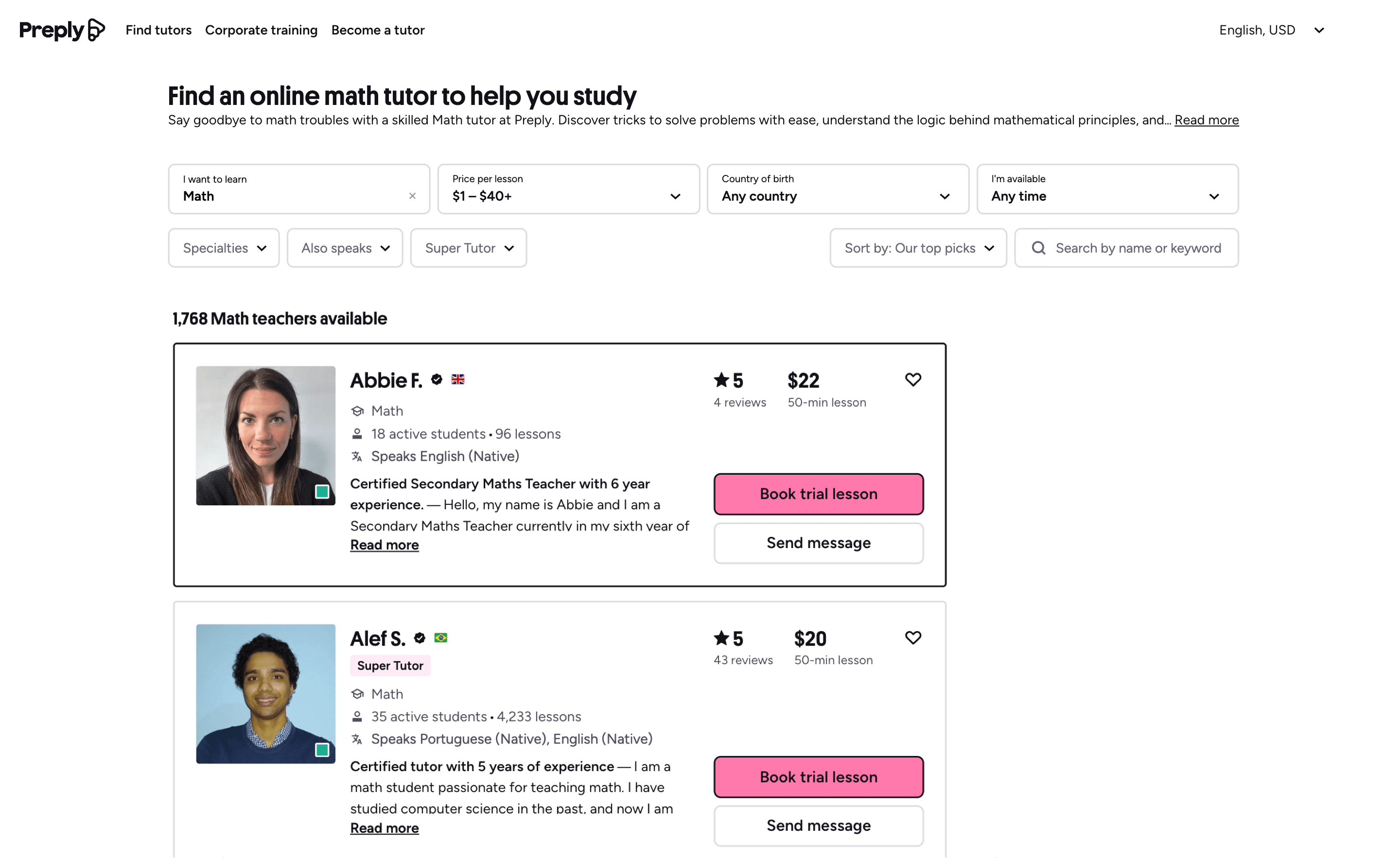 Preply homepage: Tutor options example