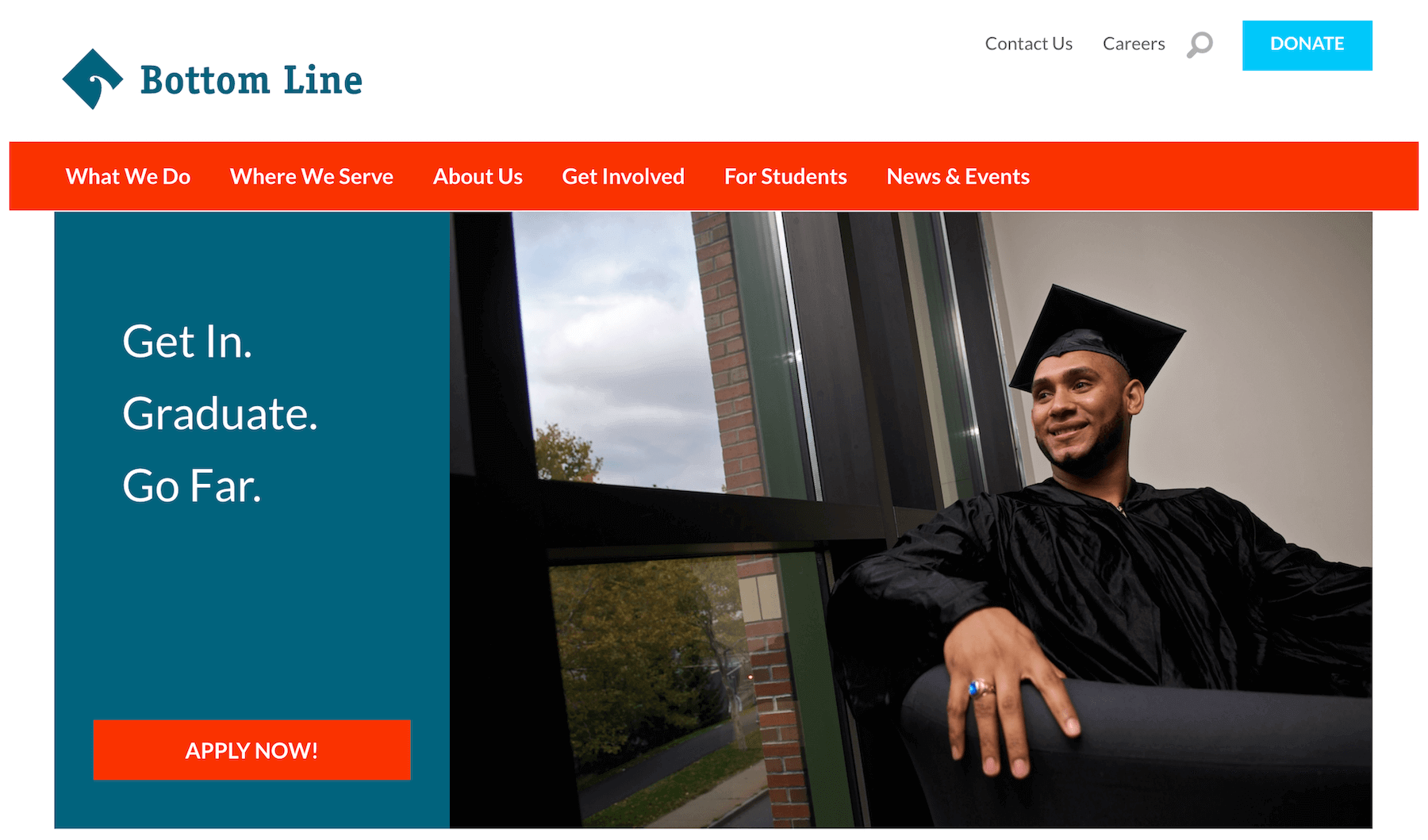 Bottom Line homepage: Get In. Graduate. Go Far.