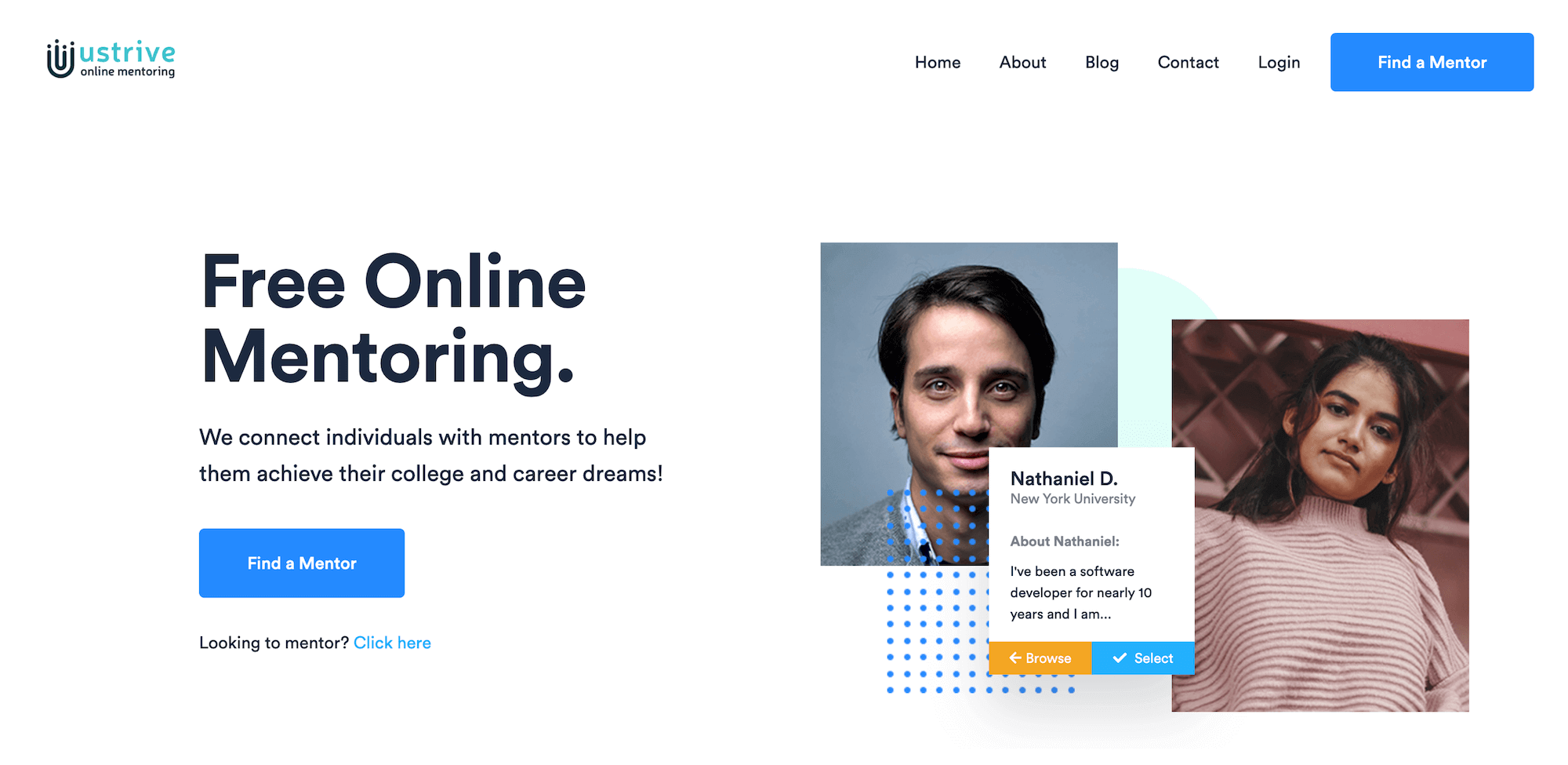 UStrive homepage: Free Online Mentoring