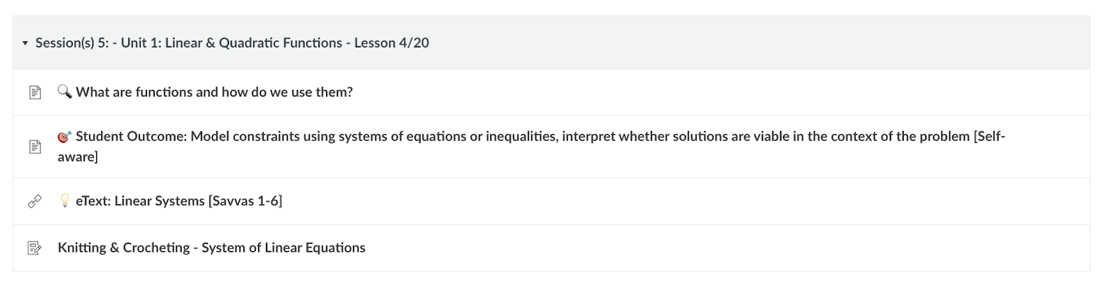 Canvas Session: Unit 1 - Linear and Quadratic Functions Lesson example