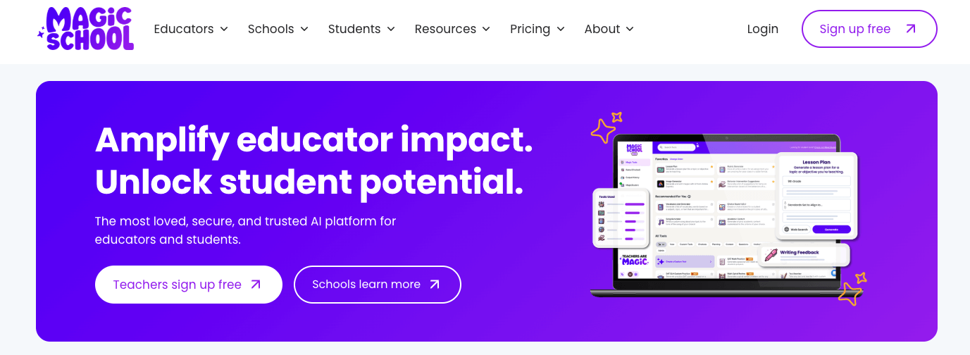 Magic School homepage: Amplify educator impact. Unlock student potential.