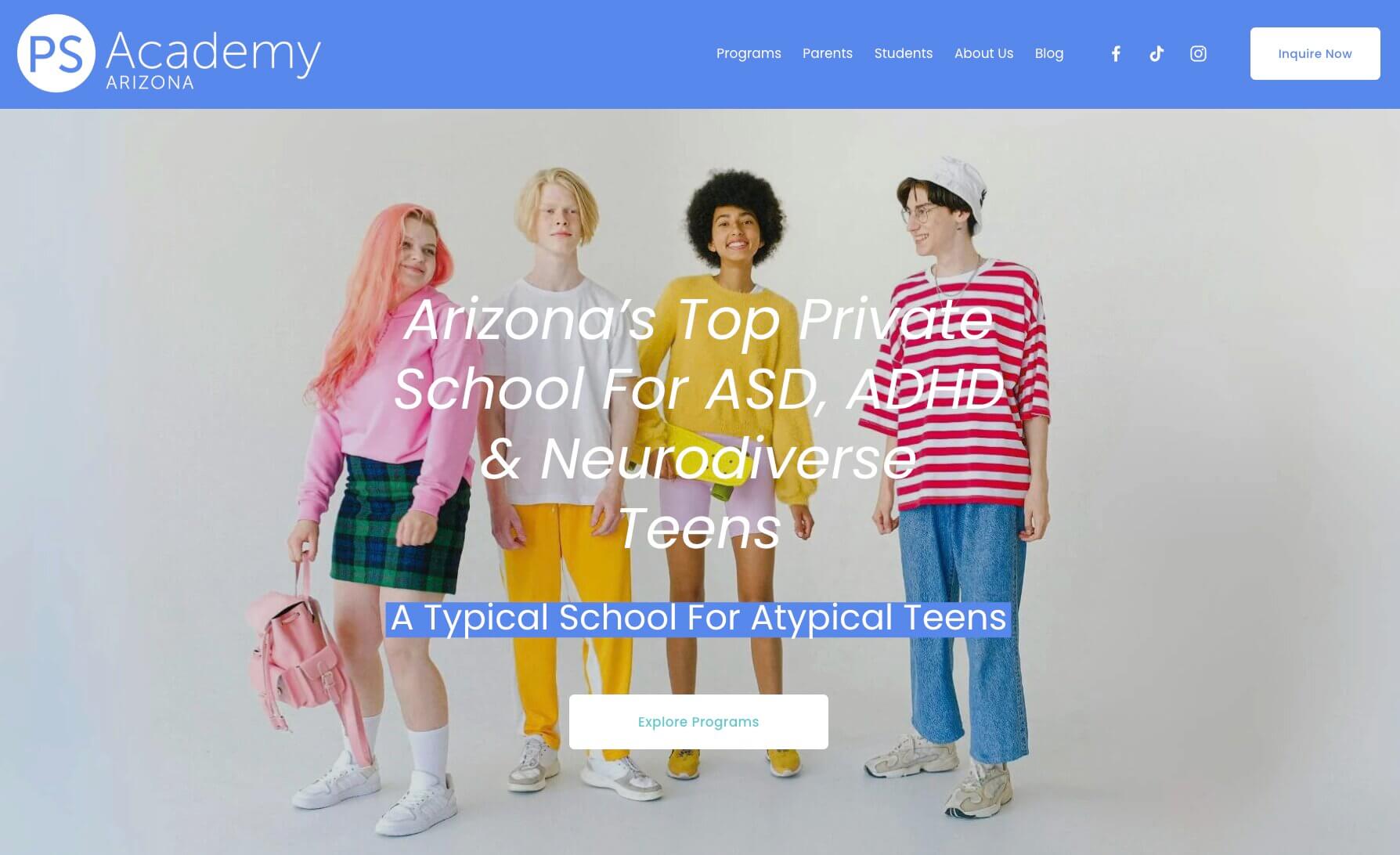 PS Academy Arizona homepage: Arizona's Top Private School for ASD, ADHD & Neurodiverse Teens