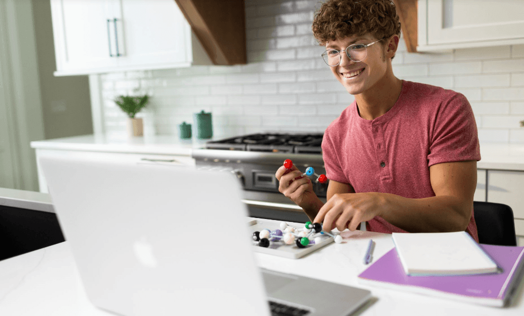 Student studying science at home on computer
