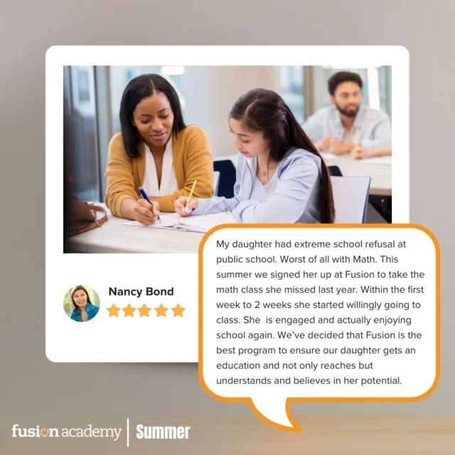Summer is coming! See what our families are saying about Fusion summer programs! Summer with Fusion Academy is the perfect way to catch up, get ahead, or learn something new!

Classes for credit are 20% off regular tuition, and tutoring, test prep, college counseling, and more are also available.