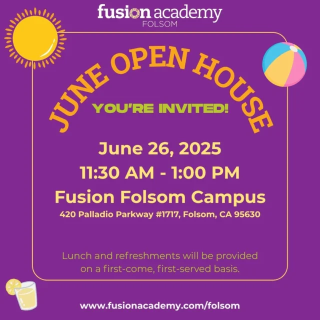 Join us on Thursday, June 26 for an Open House at Fusion Academy Folsom and discover why we’re known as The School That Changes Everything. Meet campus leadership, tour our vibrant school, and learn how our 1:1 and small group classes create a middle or high school experience personalized to each student. 🌞🏫

Whether you’re a parent exploring new options for your child or a professional supporting a family or student, we’d love to connect. 

Lunch and refreshments will be provided on a first-come, first-served basis. 🥪💜 Please RSVP through the 'Events' tab in our bio.

#FusionAcademy #Folsom #School #Summer #MiddleSchool #HighSchool #OpenHouse #SummerCamp #Enrichment #Socialization #Activities #FolsomMoms #Parents