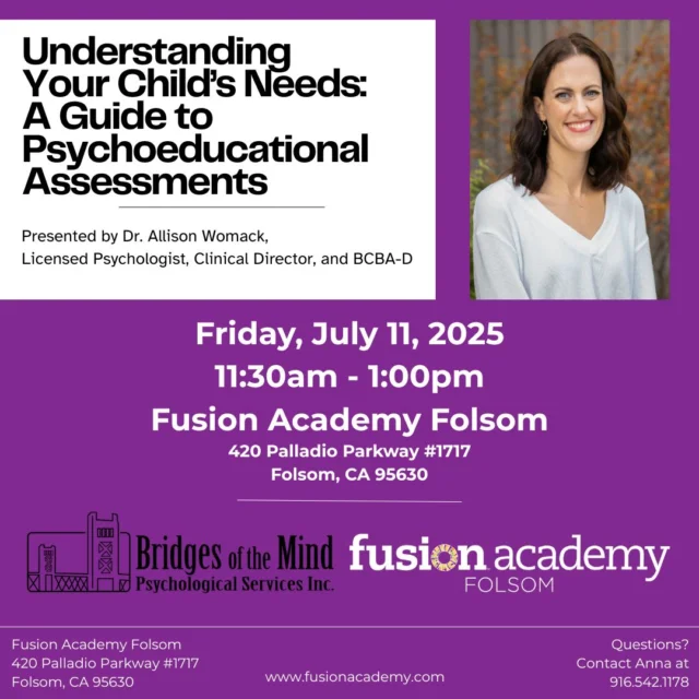 Join us July 11 for a "Lunch and Learn" session at Fusion Academy Folsom, featuring Dr. Allison Womack from Bridges of the Mind Psychological Services, Inc. 

This speaker event is ideal for both families and professionals interested in better understanding the assessment process and its benefits, including college preparation, improved emotional and psychological understanding, cognitive insights, and identifying strengths and areas of need to guide supports and accommodations.

This interactive presentation will be offered in person and will include lunch and an open discussion portion. Click the link in our bio to RSVP! ✏️🥪

#Folsom #FusionAcademy #Summer #School #MiddleSchool #HighSchool #LearningDifferences #Assessments #SpeakerEvent #LunchandLearn #Event