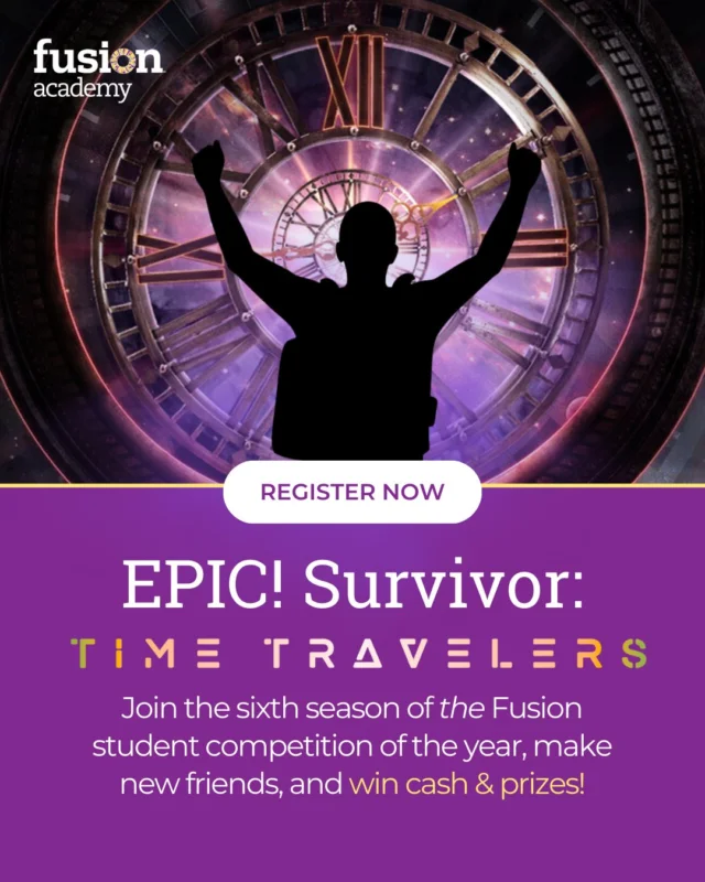 STUDENTS: EPIC! Survivor Time Travelers is coming Oct 20–24! ⌛

Take on daily missions inspired by Fusion’s EPIC! values for your shot at $500+ in prizes.

Go solo and keep the prize all to yourself… or team up with another Fusion student on campus for double the fun (and split the winnings).

📍Register now in The Neighborhood under the Community tab. The deadline to register is 12:30 PM ET on Wednesday, October 8th.
 
The clock’s ticking… are you in? 

#fusionacademy #studentlife