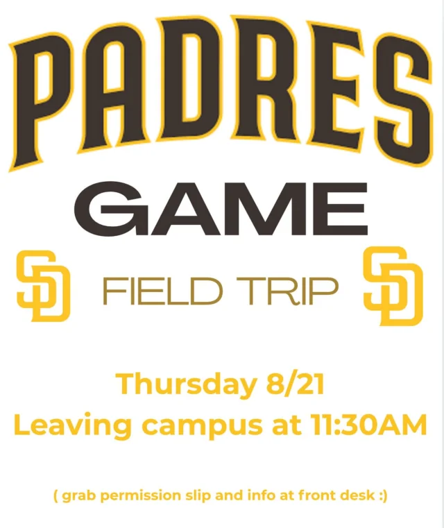 Our first Field Trip is this Thursday, August 21st!!! Grab your permission slips at the front desk ⚾️🧢 @padres