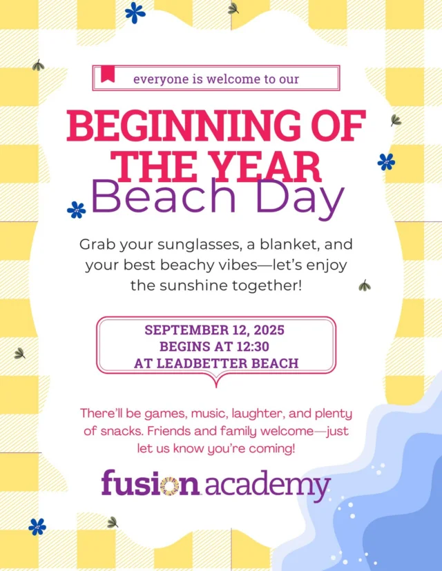 ☀️🌊 Beginning of the Year Beach Day! 🌊☀️
Grab your sunglasses, a blanket, and your best beachy vibes—let’s celebrate the start of the school year together at the beach!
📅 Date: Friday, September 12, 2025
⏰ Time: 12:30 PM
📍 Location: Leadbetter Beach
There’ll be games, music, laughter, and plenty of snacks! 🏖️ Everyone is welcome—students, friends, and family. Just let us know you’re coming so we can plan for all the fun!
Let’s kick off this year Fusion-style, with sunshine, community, and good vibes. ✨

#FusionSantaBarbara #FusionAcademy #BeachDay #SantaBarbaraEvents #FusionFamily #BackToSchoolCelebration #SantaBarbaraLife