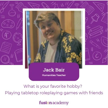 🎨 Meet Jack Bair, Humanities Teacher!

At Fusion Academy, every class is taught 1-to-1—one student, one teacher—so learning is always personalized. For students in Jack's classes, that means their creativity takes center stage. He adapts every lesson to match each student’s interests, goals, and learning style, whether they’re exploring English, History or beyond.

In his classroom, students gain more than knowledge—they build confidence, discover passions, and feel truly seen as individuals.

When he’s not guiding students in the classroom, Jack enjoys painting miniatures!

We’re so excited to have Jack as part of our Fusion family! Drop a 🎉 in the comments to welcome him!
#FusionDenverTeachers #OneToOne #LoveMotivateTeach