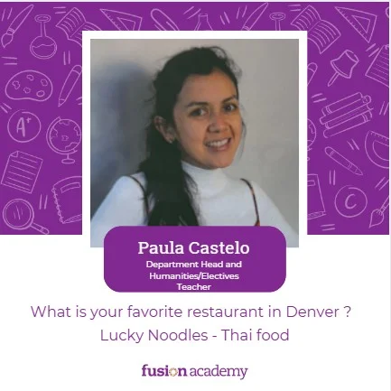 ✨ At Fusion, every class is 1-to-1: one student and one teacher. That means every teacher gets to know their students deeply — as learners and as people.

🌟 Meet Paula Castelo! 🌟
📚 Subject: Department Head, Special Education Lead and Humanities/Electives Teacher
💡 Fun Fact: Paula wants to travel and visit as many countries as she can!

👩‍🏫 Why Fusion?
“Teaching 1-to-1 allows me to customize every lesson. I get to know each student’s strengths, interests, and goals — and that makes learning meaningful.”

#FusionDenverTeachers #FusionDenver #LoveMotivateTeach #OneToOne