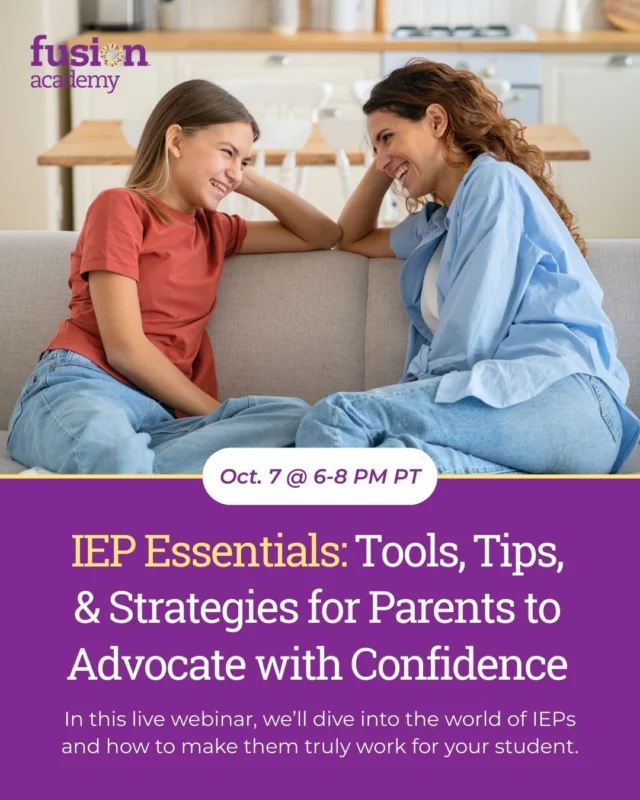 Parents—you don’t have to navigate the IEP
process alone.

Join us Oct. 7, 6–8 PM PT for an empowering
webinar with Special Education Attorney
David Tollner, Esq.

You’ll walk away with:

 ✅ Clarity on your family’s legal rights
 ✅ Awareness of  supports available
 ✅ Answers to your IEP questions

Don’t miss this chance to feel more
confident and prepared to advocate for your
child’s success💡

📅 Register today at the link in our bio!

#fusionacademy #specialeducation #IEP
#disabilityservices