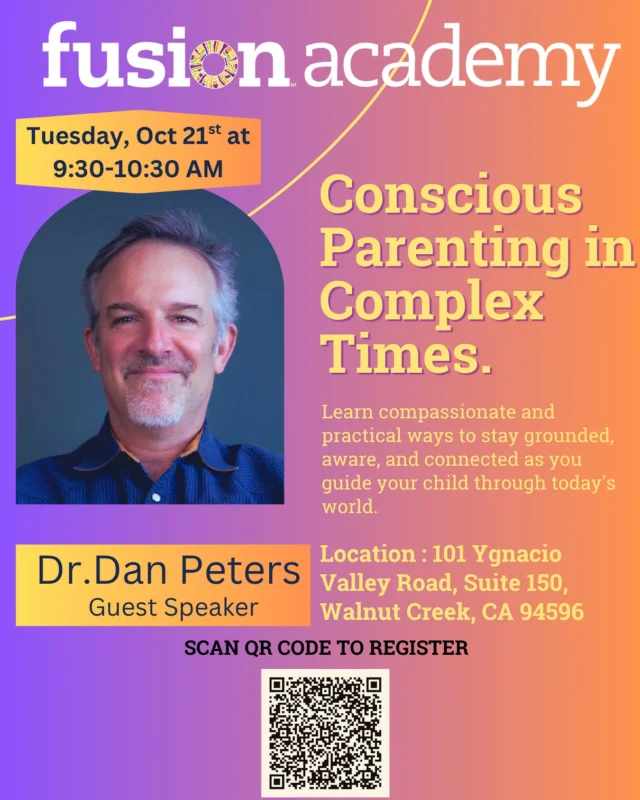 We’re excited to host the incredible Dr. Dan Peters for Coffee Chat on Oct 21 • 9:30 AM ☕️

Topic: Conscious Parenting in Complex Times — presentation + Q&A 
Dr. Dan is a respected psychologist, author, and expert in giftedness, anxiety & emotional wellness.

Coffee + breakfast from a popular local café provided. All are welcome! 🧠💬

RSVP: https://www.fusionacademy.com/campuses/walnut-creek-downtown/event/coffee-conversations/ 
(or scan the code on the flyer)

#fusionwalnutcreekdowntown