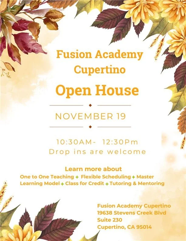 Join Us! Fusion Academy Cupertino is hosting an Open House on November 19th. Come engage with our campus and experience the School that Changes Everything!

#fusionacademy #onetooneeducation #openhouse
