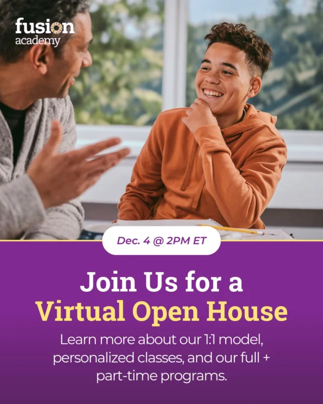 Have a feeling that your child’s current school isn’t the right fit? You’re not alone.

Fusion Academy does things differently—with classes personalized to each student’s learning pace, preferences, and interests.

Find out more at our Virtual Open House on Thursday, December 4 @ 2 PM ET.

👉 Comment OPEN HOUSE below and we’ll send you the link. Or check the link in our bio!

Can’t make it live? Don’t worry. By signing up you’ll get the recording to view at a time that works for you!

#fusionacademy #learndifferently #education