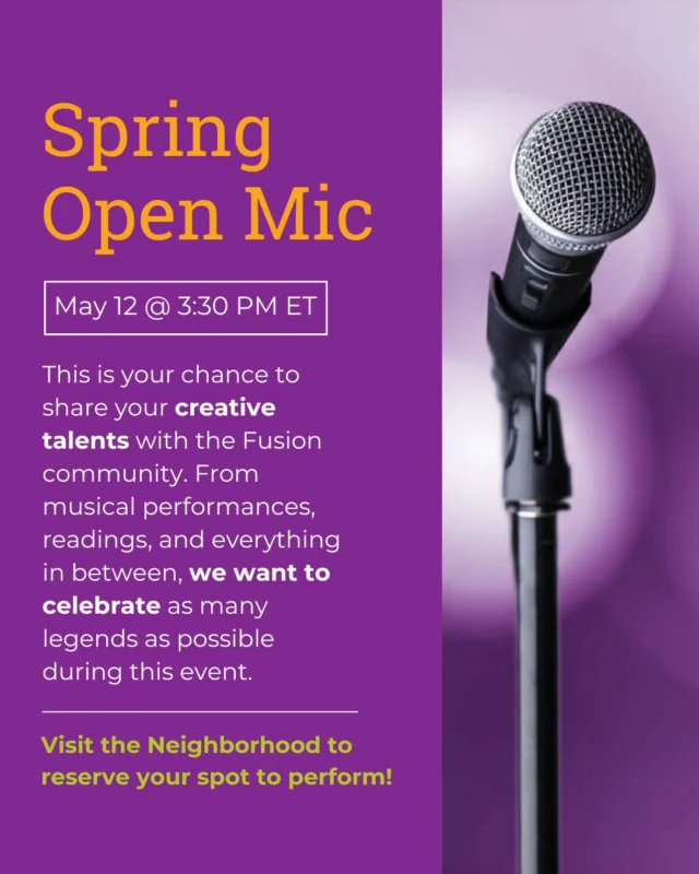 VIRTUAL EVENT: Every legend deserves a stage 🎤🎨

Students: Our Spring Open Mic is happening Tuesday, May 12 at 3:30 PM ET / 12:30 PM PT and we want to see what you've got!

Musical performances, artistic shares, readings, spoken word, and everything in between — this is your moment to show the Fusion community what makes you, you.

👉 Want to perform or share something? Reserve your spot on the May Fusion Legends Week page in the Neighborhood.

And if you're not performing — come anyway. Some of the most talented people in this community are your fellow students, and this is your chance to see them shine! 💜

#fusionacademy #openmic #studentlife