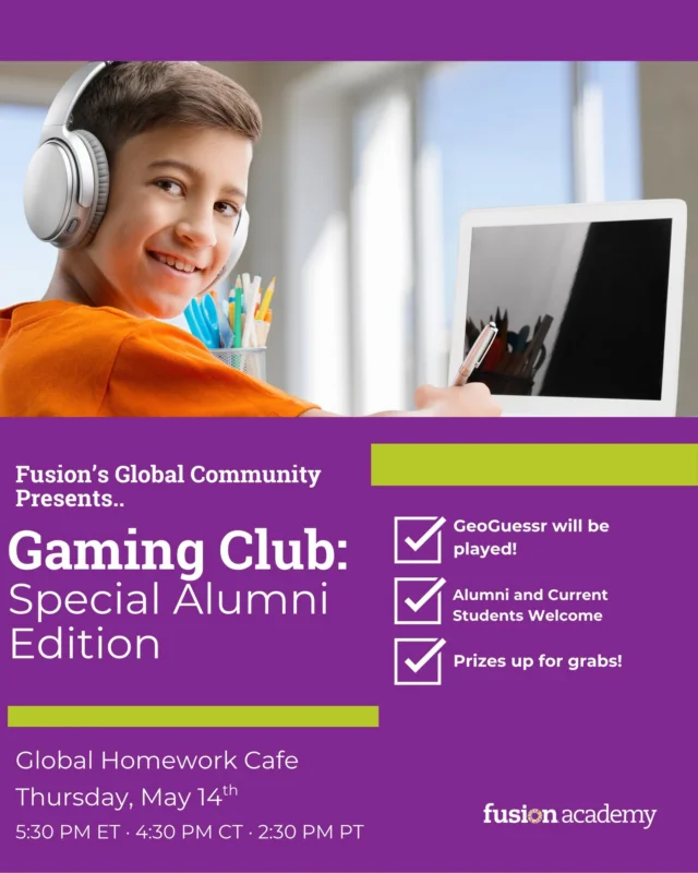 Calling all Fusion Alumni & Students.. it's time to play!

Join us for a special edition of Gaming Club next Thursday where we'll be competing in GeoGuessr, reconnecting with alumni, and winning prizes together.

Drop the 🎮 emoji in the comments if you're in & come visit us in the Global Homework Cafe on Thursday, May 14th!

#FusionGlobalAcademy
#GamingClub
#GeoGuessr
